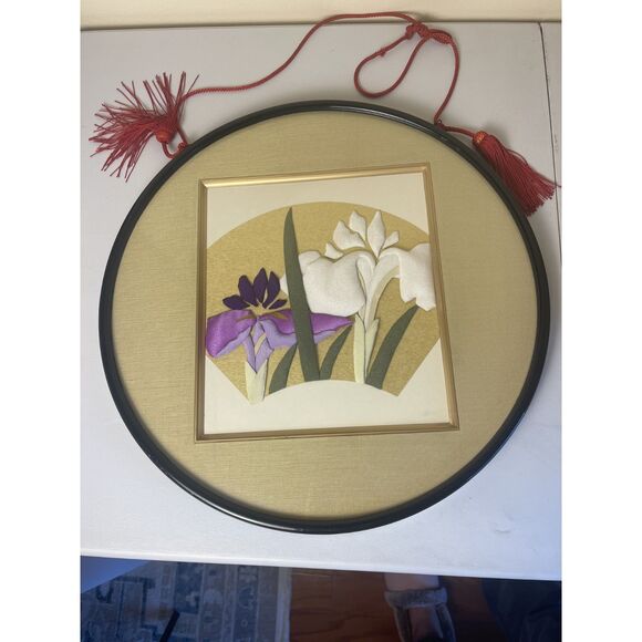 VTG Set of 2 Large Japanese Wall Art Frame 3D Silk Fabric Collage Geisha Floral - Picture 12 of 16